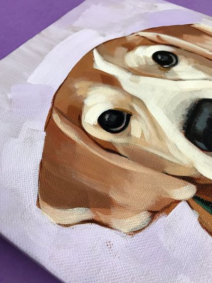 A work-in-progress shot of Bruno's acrylic portrait. At this stage, I am blocking in the main shapes and colors, focusing on capturing the structure of his face before adding the final details.