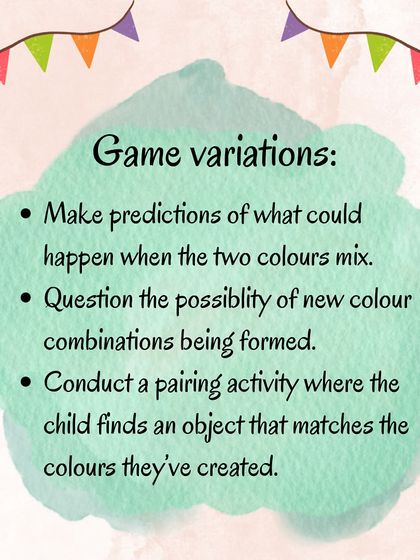An infographic for a color mixing activity using paint in a sealed bag. This allows children to see how primary colors combine to create secondary colors, promoting scientific thinking and observation.