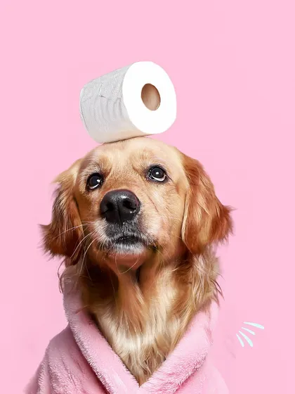 This is from my 'Bath & Bubbles' mini-sessions, which are all about fun without the splash. This goofy golden retriever is patiently balancing a toilet paper roll, showing off his post-bath robe look against a vibrant pink backdrop.