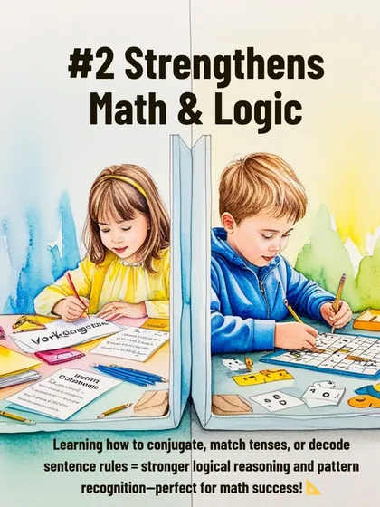 Language learning strengthens math and logic skills. The process of decoding sentence rules and matching verb tenses builds the same pattern recognition skills needed for math.