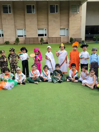 A group of our pre-primary students dressed in costumes representing India's diversity and freedom fighters, celebrating unity in diversity.
