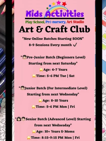 Our online Art & Craft Club offers structured learning for all ages, from beginners to advanced levels. With batches for Pre-Juniors (4-7), Juniors (8-10), and Seniors (10+ and Moms), everyone can join our creative community from home.