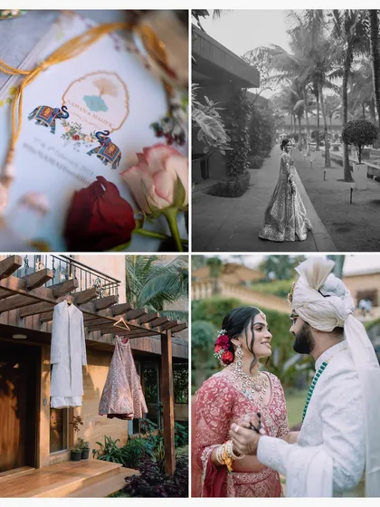 A collage of wedding details: the invitation, the bride's portrait, the couple's outfits, and a romantic moment. This tells a mini-story of the day.