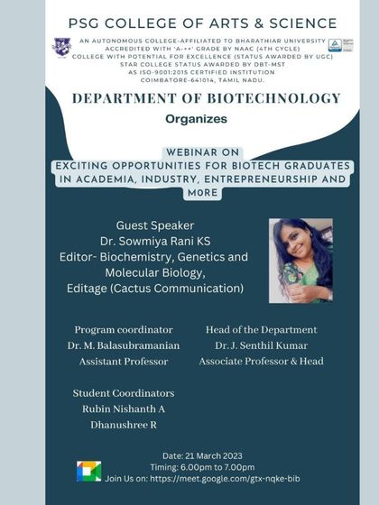 The poster for a webinar on career opportunities for biotech graduates, organized by the Department of Biotechnology at PSG College of Arts & Science.