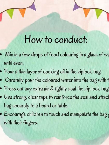 These graphics detail the materials, benefits, and instructions for creating a colorful oil and water sensory bag, introducing concepts like density in a tactile way.