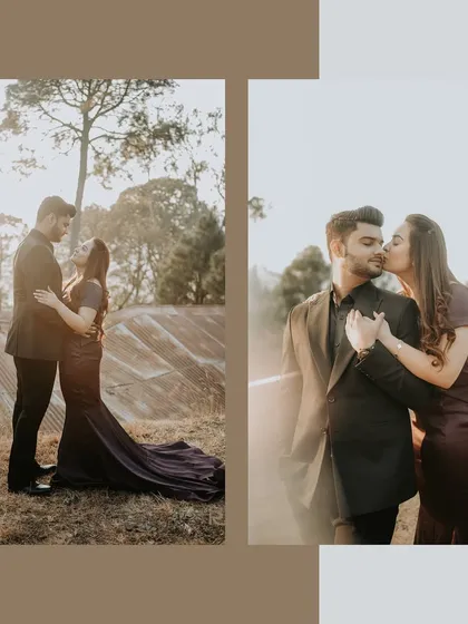 A diptych capturing the golden hour glow in the hills, showing the couple in a loving embrace and sharing a sweet kiss, perfect for a destination pre-wedding album.