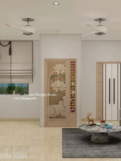 This image highlights a custom-designed door with an intricate lotus and cow motif, a beautiful example of blending traditional Indian art with modern interior design.