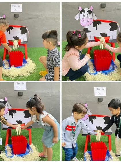 Children learn best by doing. This engaging 'milk the cow' setup allows them to practice fine motor skills while learning about a fundamental aspect of farm life.