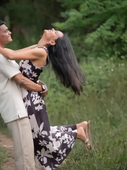 Pre-wedding shoots are the perfect way to get comfortable in front of the camera and just have fun together. This playful lift in a beautiful green space shows the pure joy and anticipation before the big day.