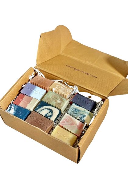 A look inside our Soap Sampler Set box. It's a rainbow of our bestsellers, all packed neatly and ready to be explored.