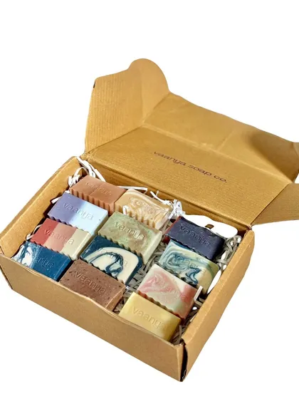 The Soap Sampler Set, all packed up in an eco-friendly cardboard box. It's a great gift for anyone new to our brand.