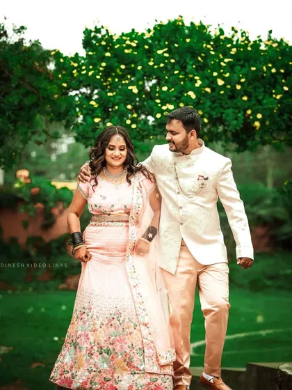 Seeing the happy couple together is the best part of my job. This reception look featured a soft, romantic makeup style and a beautiful floral lehenga, creating a picture-perfect moment.