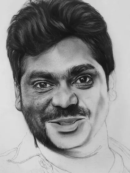 A work in progress shot of my Zakir Khan portrait. You can see the drawing half-rendered, showing the contrast between the sketched outline and the finished, realistic shading.