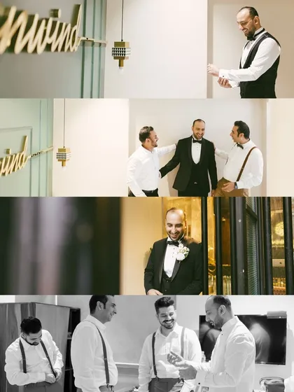 A collage of the groom getting ready with his friends. These candid shots capture the laughter and support of the groomsmen.