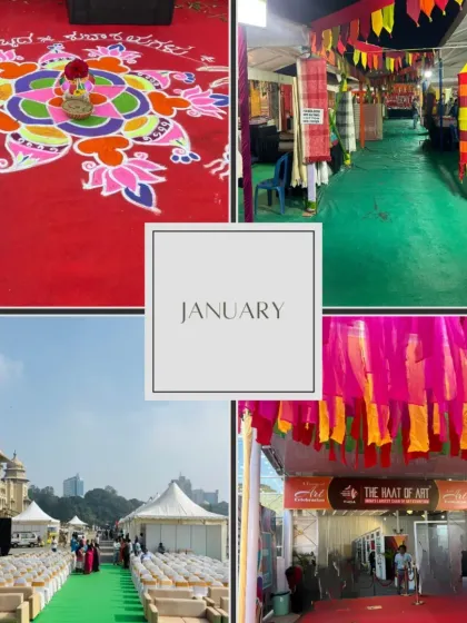 January's event collage, showcasing a cultural rangoli, the Haat of Art exhibition, and a large outdoor seating setup. This reflects a month of diverse cultural and public events.