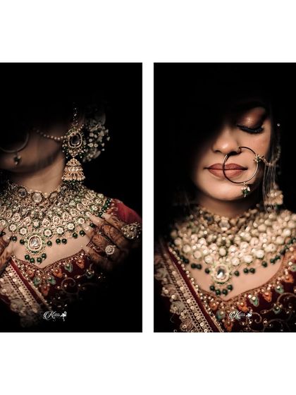 A diptych of a bride, with dramatic shadows covering parts of her face and jewelry, creating a mysterious and artistic look.