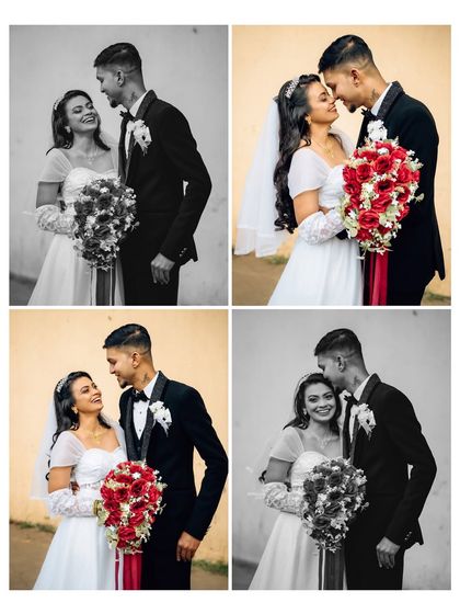 A quad of couple portraits, showing both color and black and white versions. This demonstrates how a monochrome edit can change the mood and focus of a photo.