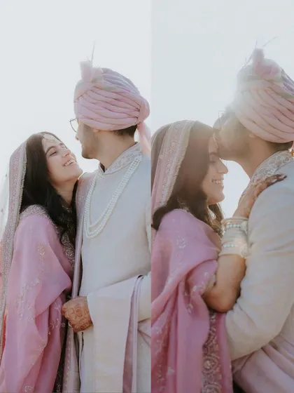 A diptych showing the couple's soft romance in pastel pink attire. The top frame captures a sweet glance, while the bottom frame shows a tender forehead kiss, telling a story of gentle love.