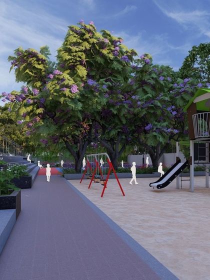A 3D render of a children's play area, complete with a treehouse-themed slide, swings, and a sandpit, all situated under the shade of a large Jacaranda tree.