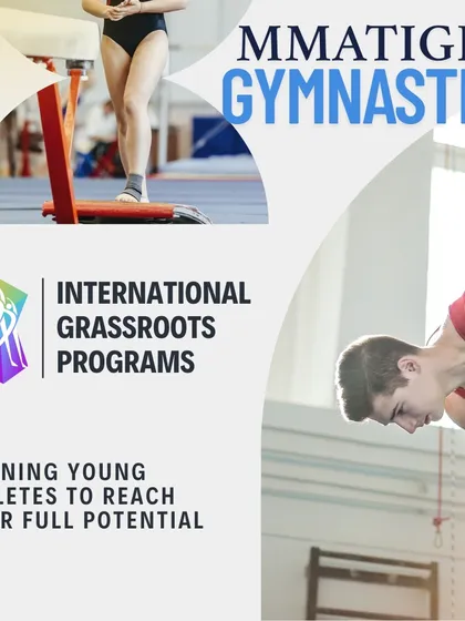 We are committed to developing young athletes through our international grassroots programs. This graphic shows gymnasts on the rings and vault, highlighting our focus on training for full potential.