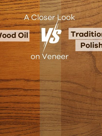 Wondering how to finish your veneer? This image compares the effect of a modern wood oil, which gives a natural matte look, versus a traditional polish that provides a glossy sheen.