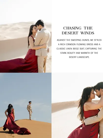 Against the sweeping dunes, her rich crimson dress and his classic linen beige suit create a stunning contrast. The warmth of the desert landscape is mirrored in the tones of their outfits.