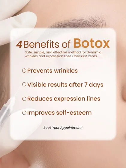 This visual lists the key benefits of Botox. It is a safe and effective method for preventing wrinkles, reducing expression lines, and improving self-esteem, with visible results appearing within a week.