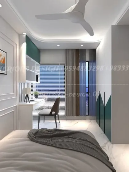 A compact bedroom layout that includes a bed, a wardrobe, and a study desk by the window. The consistent use of white and green creates a fresh and unified look.