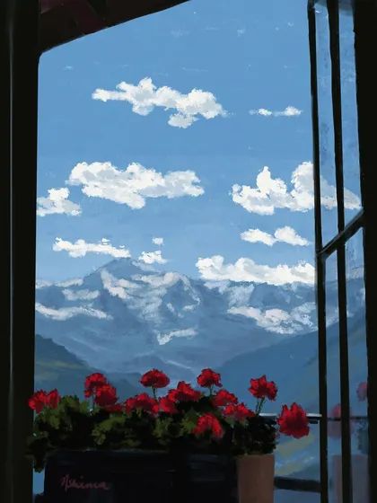 The view from my window of the snow-capped mountains. This piece is a perfect example of a custom landscape illustration I can create to capture a view that is special to you.