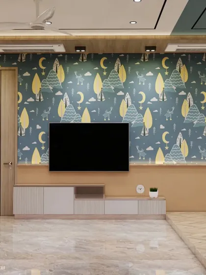 The TV wall in the kids' room continues the playful woodland theme. The low console is designed at a child-friendly height, ensuring safety and accessibility.