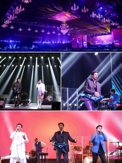 A collage of grand-scale entertainment, featuring live musical performances on a professionally lit stage, showcasing the concert-level production I bring to wedding celebrations.