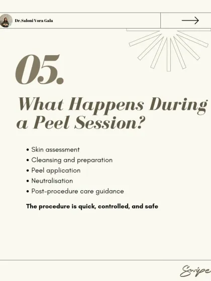 What happens during a peel session? The process is quick and controlled. It involves a skin assessment, cleansing, peel application, neutralization, and detailed guidance on post-procedure care to ensure a safe and effective outcome.