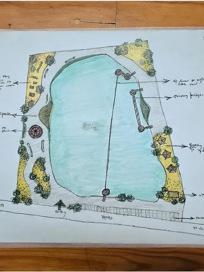 A detailed concept plan for a lakefront development project, rendered by hand. This sketch outlines key recreational features like a floating bridge, boating zones, a zip line, and dedicated walking paths, all integrated into a cohesive landscape design that balances nature and community activity.