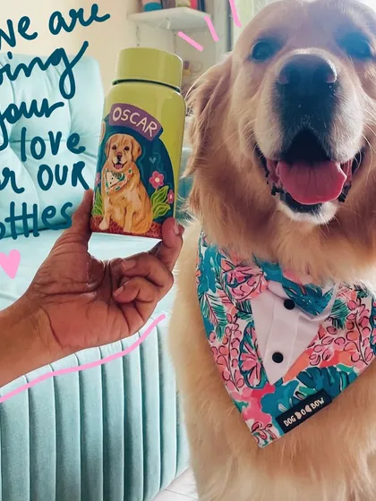 A weekly roundup image featuring a custom pet portrait bottle for a handsome dog named Oscar.
