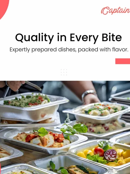 We guarantee quality in every bite. Here you can see a variety of our expertly prepared dishes packed in clean, foil containers, showcasing the care we take in presenting our food, even for drop-off services.