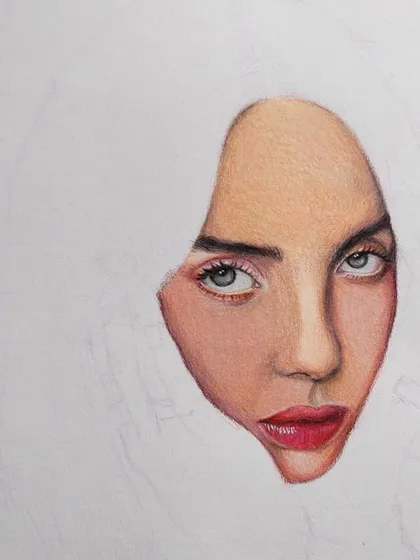A close-up of the Billie Eilish WIP, focusing on her eyes and lips.