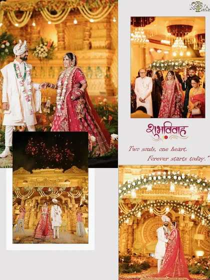 A collage of the wedding ceremony, featuring the couple at the mandap and a beautiful shot with fireworks.