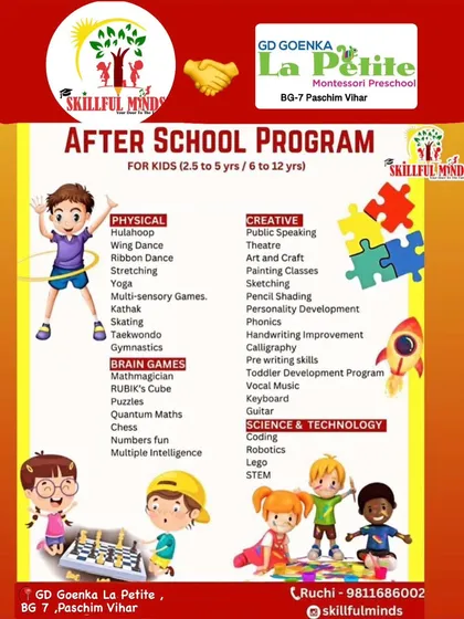 A detailed poster listing all the physical, creative, and brain-boosting activities available at our new Paschim Vihar after-school program.