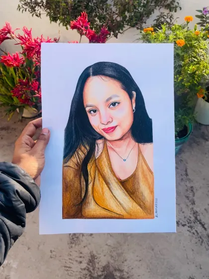 The final portrait held up against a natural background. The colors look so vibrant in the sunlight. This was a commission work, and I'm really happy with how it turned out.