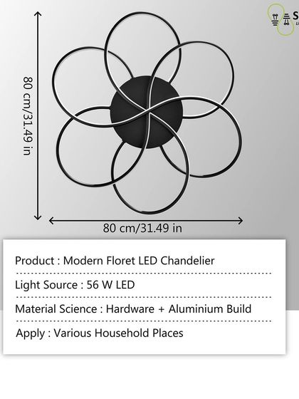 Here are the dimensions and material details for the Modern Floret LED Chandelier. It's an 80cm wide, 56W LED fixture made from aluminium.