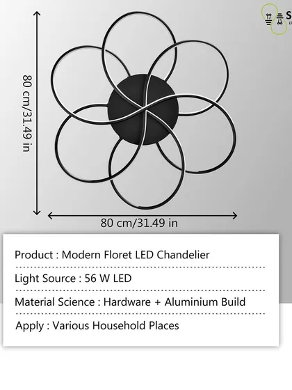 Here are the dimensions and material details for the Modern Floret LED Chandelier. It's an 80cm wide, 56W LED fixture made from aluminium.