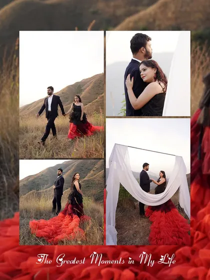 A collage of a couple's pre-wedding shoot in the hills, featuring a dramatic gown and a simple white cloth backdrop that makes the subjects pop.