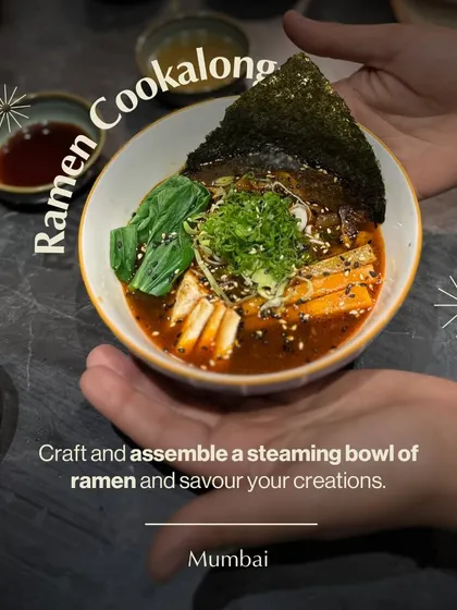 A perfectly assembled, steaming bowl of ramen, crafted by one of our workshop participants. In our ramen cookalong, you learn to build complex flavors and create this Japanese comfort food from scratch.