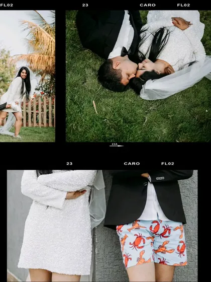 A collage of unconventional and humorous pre-wedding photos. From lying on the grass to a funny reveal of lobster-print shorts, this shoot was all about capturing the couple's unique sense of humor.