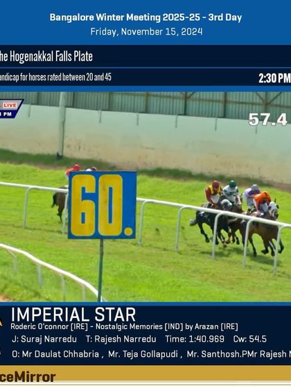 Race 3 results from November 15, 2024: Imperial Star wins The Hogenakkal Falls Plate.