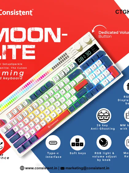 The "Moonlite" gaming keyboard adds a unique touch to your setup with its dedicated volume and RGB adjustment knob. This water-resistant, wired membrane keyboard features 26-key anti-ghosting and an RGB LED display for at-a-glance control.