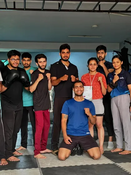 Celebrating the success of our young fighters is a huge part of our academy's culture. Here, Saniya Khan is with her team after winning a gold medal and the Best Boxer award at the Prayagraj district championship.