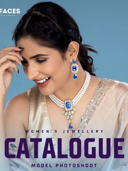 This cheerful shot features a model wearing a pearl necklace with a blue gemstone pendant. The bright smile and clean lighting make it a perfect image for a brand's website or social media feed.