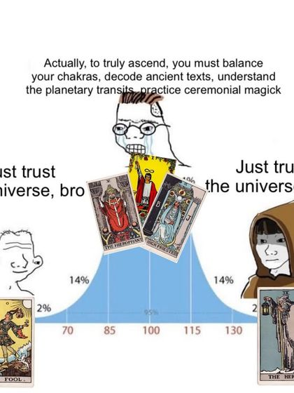 This meme perfectly illustrates a spiritual journey. The Fool and The Hermit arrive at the same simple truth, "Just trust the universe," from opposite ends of experience, while the midwit gets stuck intellectualizing. True wisdom often looks like naive simplicity.