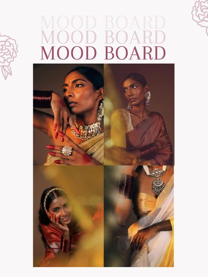 This is what our final mood board looks like when translated into a campaign. We brought together elements of traditional sarees, bold jewelry, and expressive poses to create a series of images that feel both artistic and deeply rooted in Indian aesthetics.